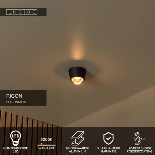 Lucide RIGON - Plafonnière - Ø 9 cm - LED - 1x6W 3000K - Zwart - USP